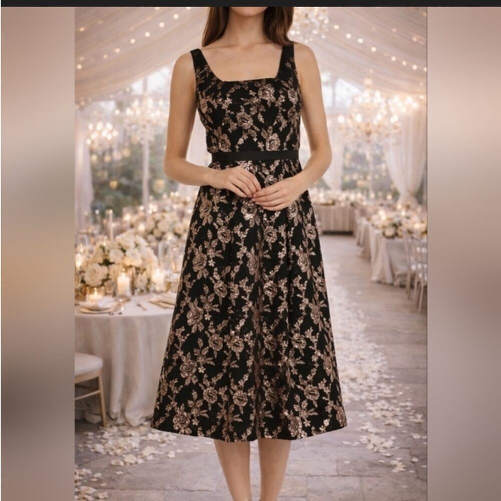 Kay Unger Black Midi Dress with Gold Floral Embroidery